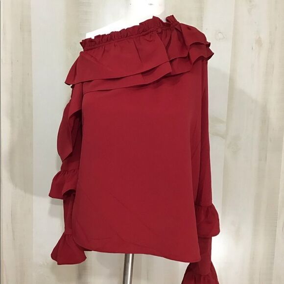 Walter Baker Red Ruffle Trimmed Irina Long Sleeve Blouse Size L - Picture 2 of 7
